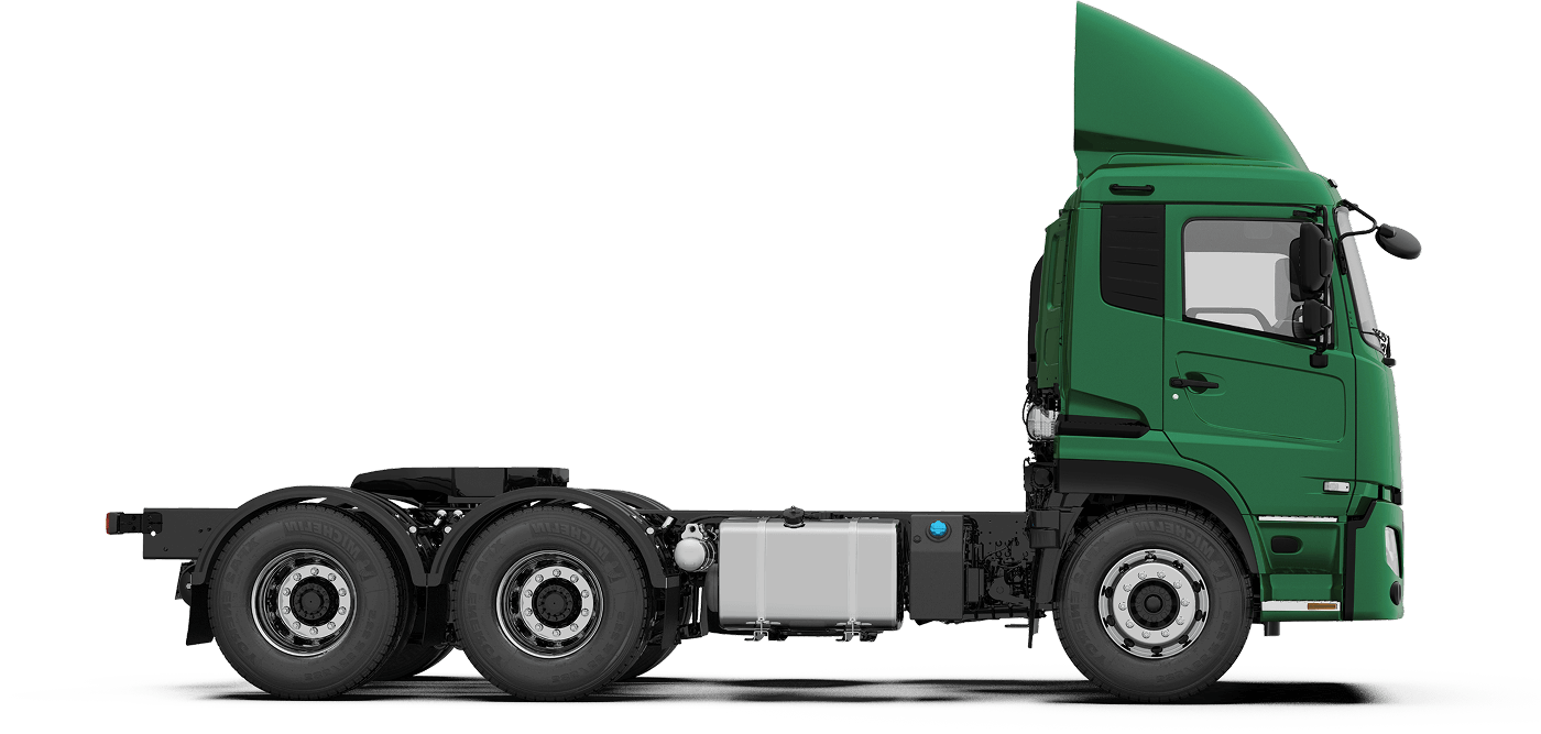 Green semi-truck cab with six wheels, side view, no trailer attached.