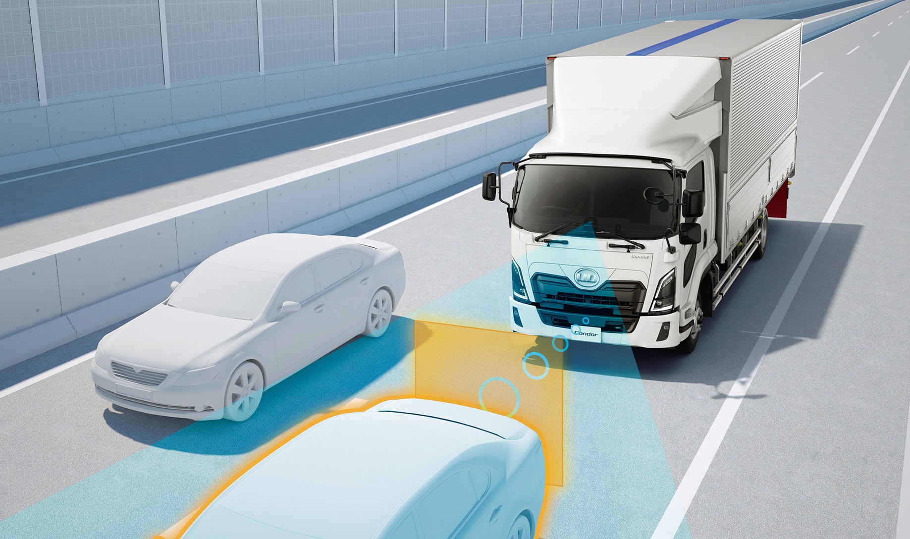 高速道路を走行するトラックが前方の車両をセンサーで検知しているイラスト