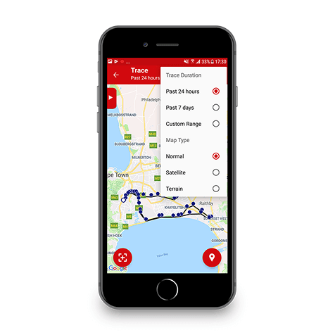Teléfono mostrando una aplicación de mapas con ruta marcada y menú de opciones.