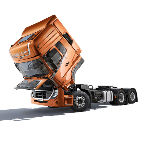 Xe đầu kéo màu cam, cabin đang được nâng lên, nền trắng.