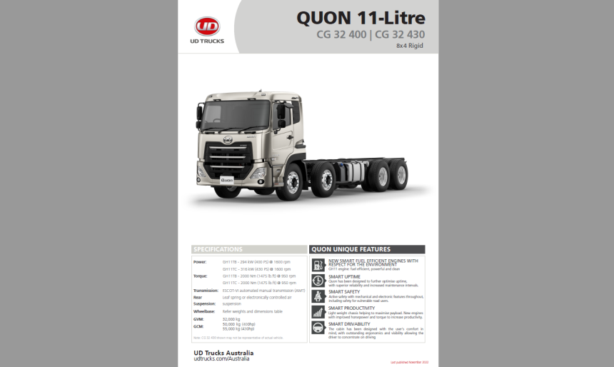 Quon CG 32 400 & 430 Spec Sheet