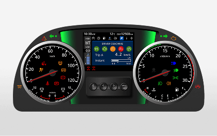 Tablero digital de auto con velocímetro, tacómetro y luces de advertencia encendidas.