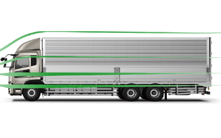 Silver truck with green airflow lines showing aerodynamics on a white background.