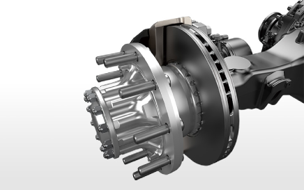 Heavy vehicle disc brake assembly with rotor, caliper, and axle visible.