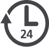 24-hour clock icon with an arrow circling around it