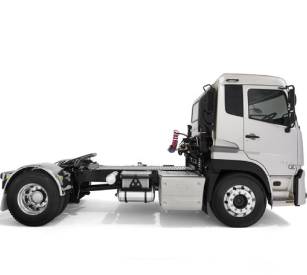 Silver cab chassis truck on white background, side view.