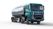 Teal and silver tanker truck on a white background.