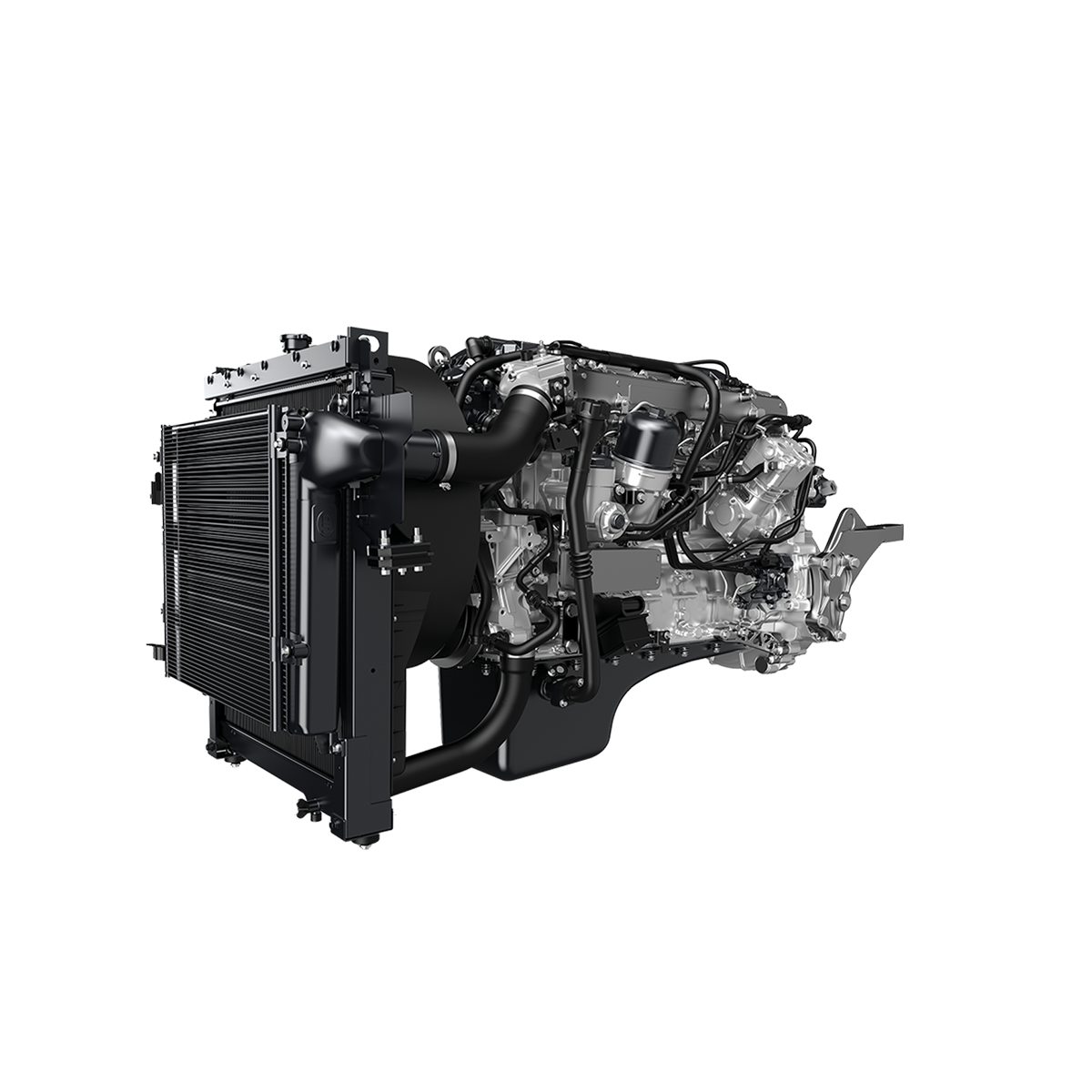 Enjin diesel hitam dengan radiator di sebelah kiri.